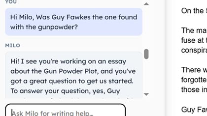 Milo Chat panel inside Google Docs showing writing support conversation